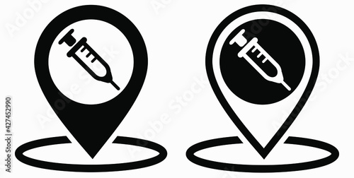 Syringe and location icon. Vaccination sign. The location of the hospital. Vector icon.