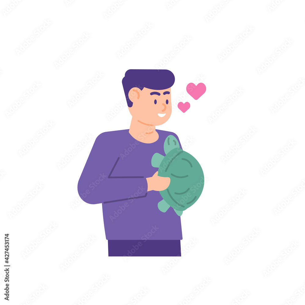 a man who loves turtles. holding or hugging a turtle. animal lover. turtle lover. flat style. vector design