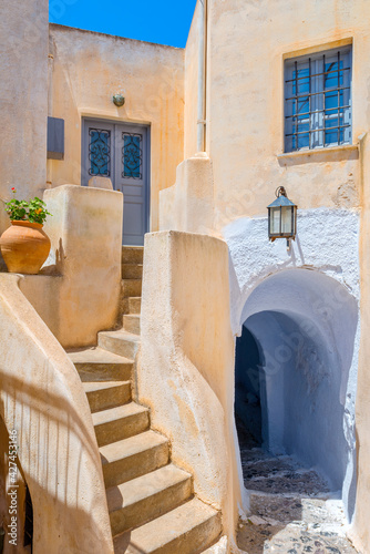 Greece Santorini island in cyclades colorful view of whitewashed houses amon small walk paths that cross the island