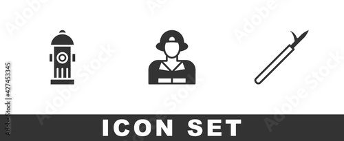Set Fire hydrant, Firefighter and Metal pike pole icon. Vector