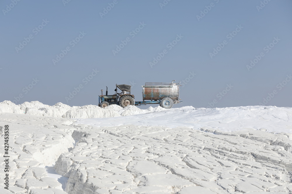 Stand Tractor Tank on Marble Dumping Yard, Rajasthan's Kishangarh, India, white texture, crystal beautiful view, India