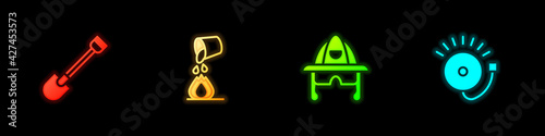 Set Fire shovel, Bucket extinguishing fire, Firefighter helmet and Ringing alarm bell icon. Vector