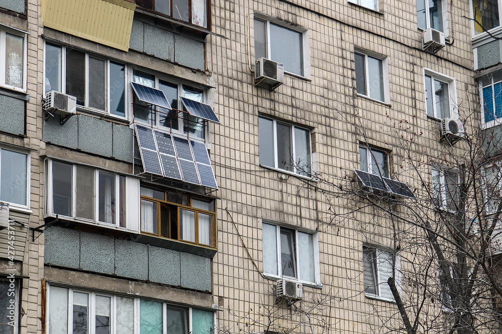 The solar battery panels mounted on the balcony of an apartment building in Kyiv, Ukraine. April 2021