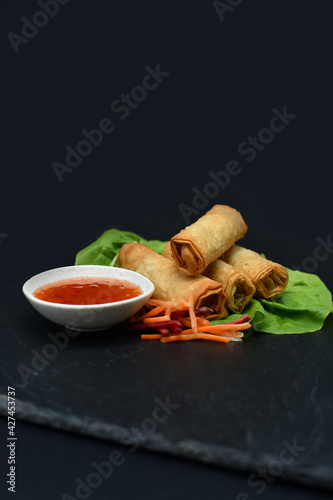Chicken and vegetable spring rolls.