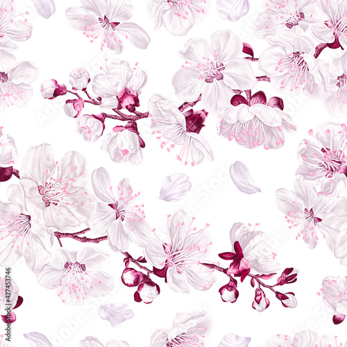 Delicate floral seamless pattern with pink-white sakura flowers and branches, cherry inflorescence. Vector hand-drawn flowers on white background for your surface designs, textiles, garment prints