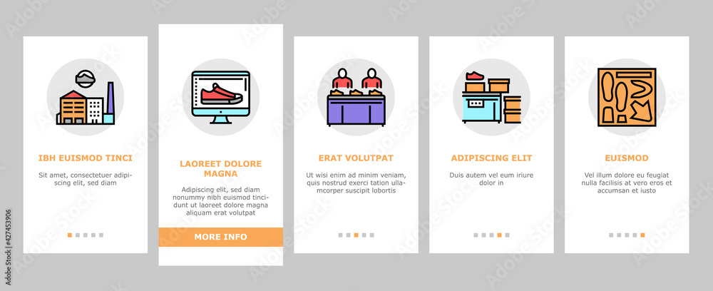 Shoes Repair Service Onboarding Mobile App Page Screen Vector. Shoes Fixing And Production Equipment, Factory And Packaging, Design And Manufacturing Illustrations