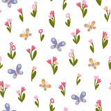 Seamless pattern with butterflies and tulips in cartoon style on a white background.