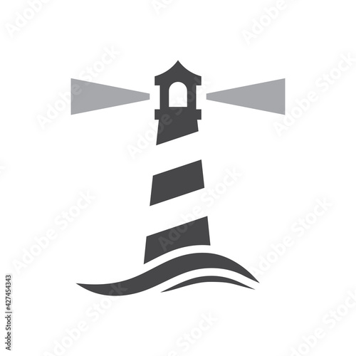 Lighthouse with sea wave black vector icon. Light house beacon symbol.