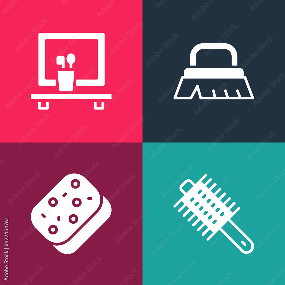 Set pop art Hairbrush, Sponge, Brush for cleaning and Washbasin mirror icon. Vector Set pop art Hairbrush, Sponge, Brush for cleaning and Washbasin mirror icon. Vector