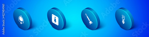 Set Isometric Toilet urinal or pissoir, Rubber plunger, Towel on hanger and Female toilet icon. Vector
