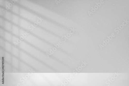 Lights from window on wall and floor. White mockup with shadow from blinds on floor in room. Mock up empty for design prints. Realistic shade reflected. Blank apartment. Overlay effect shadow. Vector