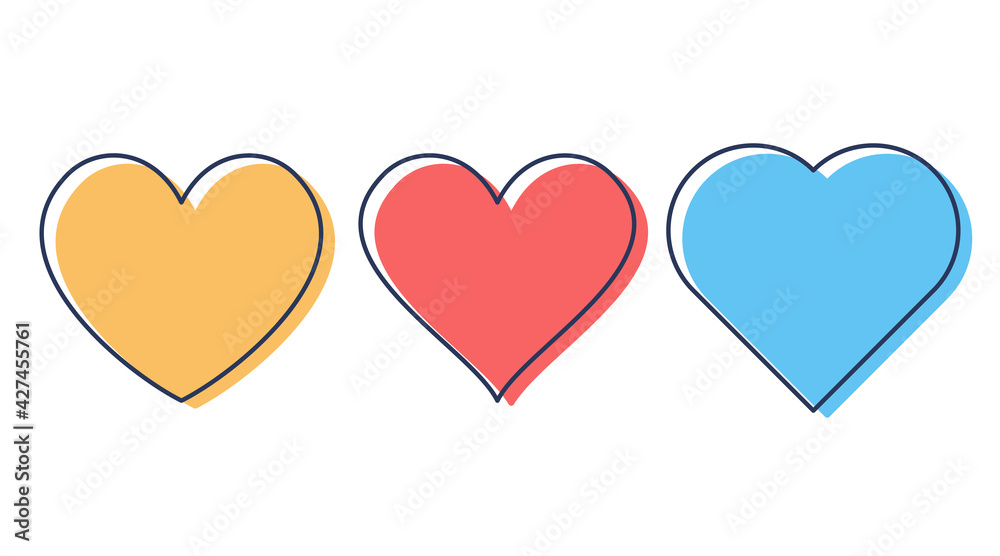 Heart icons set. Outline shape love red yellow blue signs isolated on a background. Vector illustration