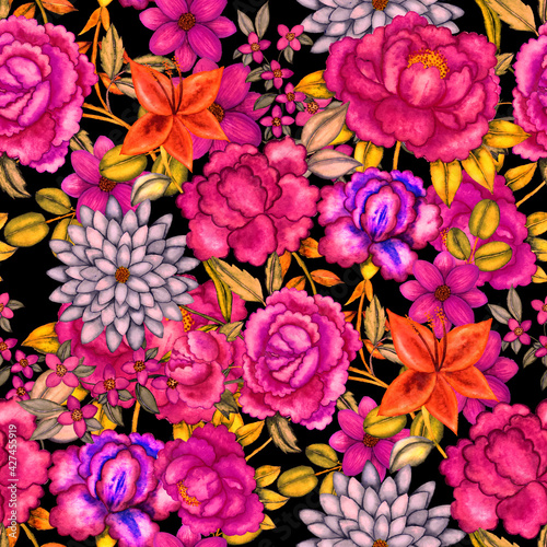 Fototapeta Naklejka Na Ścianę i Meble -  Vintage watercolor seamless pattern with flowers for decoration design. Bright spring or summer fashion print. Vintage wedding decor. Textile design.	
