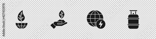 Set Earth globe and leaf, Plant in hand, Global energy power planet and Propane gas tank icon. Vector