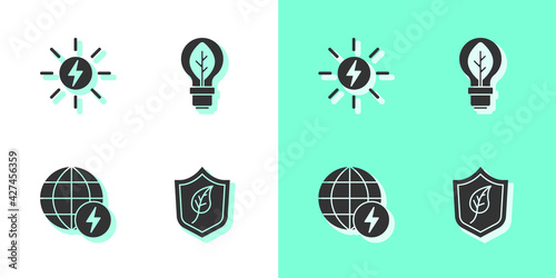 Set Shield with leaf, Solar energy panel, Global power planet and Light bulb icon. Vector
