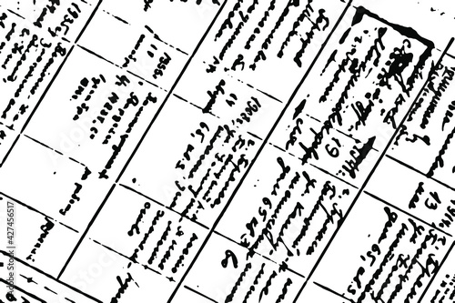 The grunge texture of an old document filled in by hand with ink in a sloppy, illegible handwriting. Vector illustration. Overlay template.