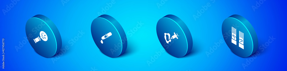 Set Isometric Microorganisms under magnifier, Syringe, Medical rubber gloves and Pipette icon. Vector Set Isometric Microorganisms under magnifier, Syringe, Medical rubber gloves and Pipette icon. Vector