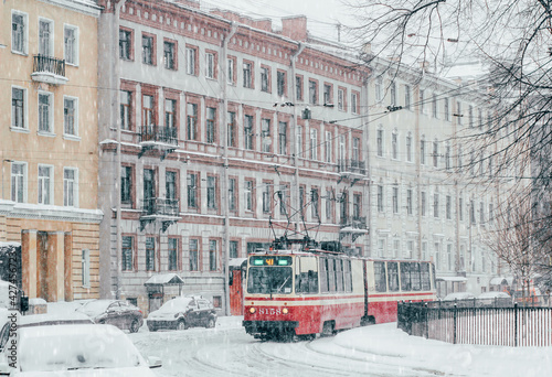 Ols-fashioned tram on the streets of St. Petersburg. 