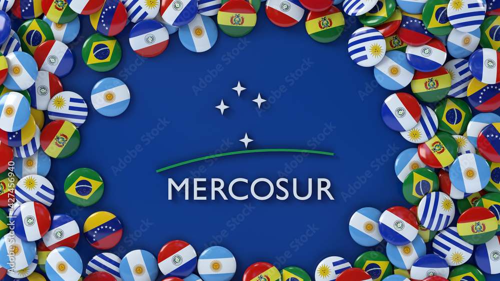 3d rendering of badges with flags of the Mercosur member countries surrounding the Mercosur logotype 3d rendering of badges with flags of the Mercosur member countries surrounding the Mercosur logotype