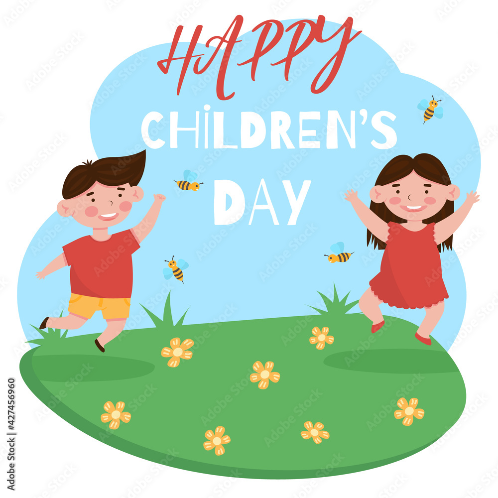 Happy children's day concept. Cartoon illustration with jumping happy smiling boy and girl. Happy children's day concept. Cartoon illustration with jumping happy smiling boy and girl.