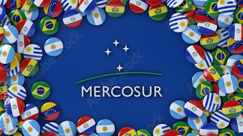 3d rendering of badges with flags of the Mercosur member countries surrounding the Mercosur logotype photo