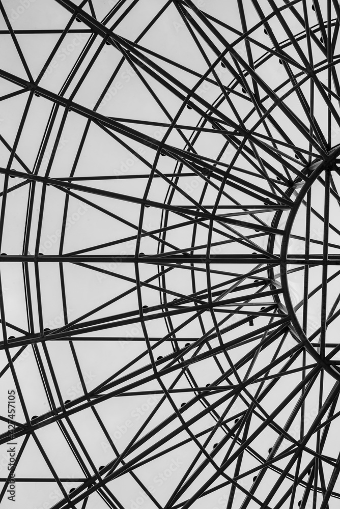 Modern architecture Metal structure. Close-up, black and white photo