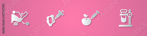 Set paper cut Prosthesis hand, Syringe, Genetically modified apple and Test tube flask on stand icon. Paper art style. Vector