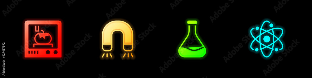 Set 3D printing technology, Magnet, Test tube and flask and Atom icon. Vector Set 3D printing technology, Magnet, Test tube and flask and Atom icon. Vector