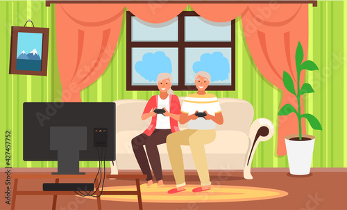 Old people play video game. Senior people with different gadgets. Oldster education on computer