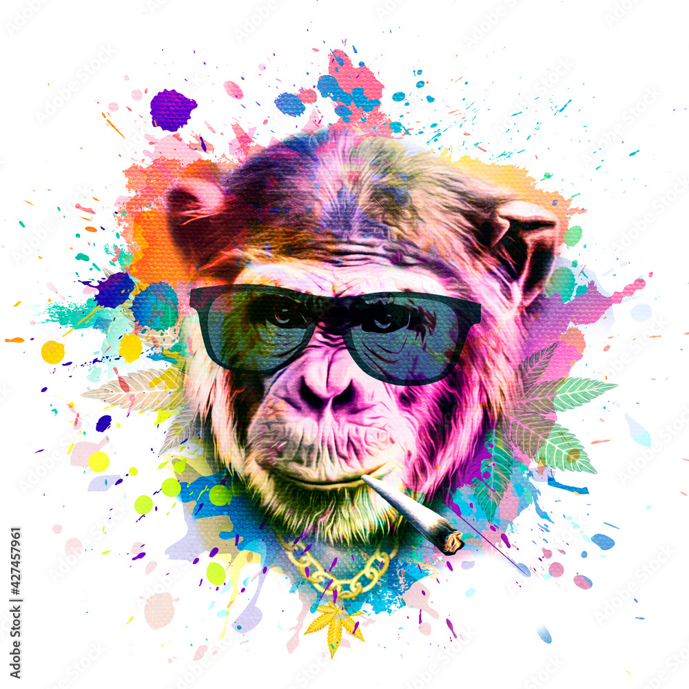 grunge background with graffiti and painted monkey with cannabis cigarette  - obrazy, fototapety, plakaty 