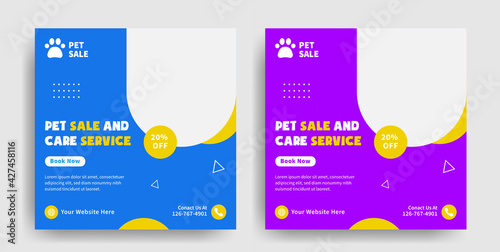 colorful modern pet care, sale and service social media post and web banner template