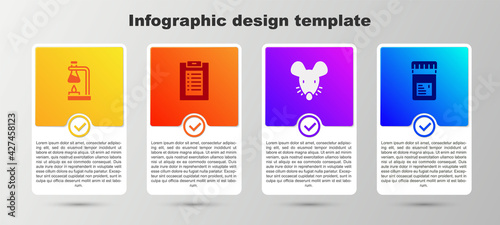 Set Test tube flask on fire, Clinical record, Experimental mouse and Jar with additives. Business infographic template. Vector