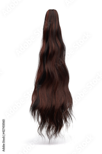 Detail shot of brown wavy ponytail for hair extension. Natural looking false hairpiece is isolated on the white background. 