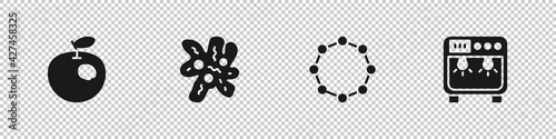 Set Genetically modified apple, Cell, Chemical formula and Biosafety box icon. Vector