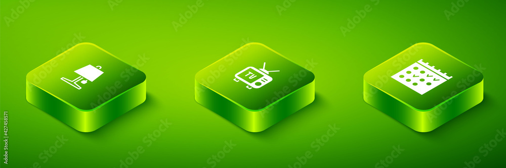 Set Isometric Retro tv, Hotel booking calendar and Table lamp icon. Vector Set Isometric Retro tv, Hotel booking calendar and Table lamp icon. Vector