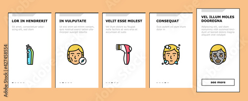 Facial Skin Care Treat Onboarding Mobile App Page Screen Vector. Facial Skincare Makeup Cosmetics And Mask, Essential Oil And Acne Cream, Face Massager Illustrations