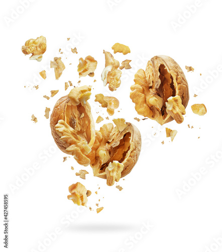 Walnuts torn into pieces in the air isolated on white background photo
