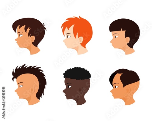 Male face in profile. Boys avatar set. Collection of children ha