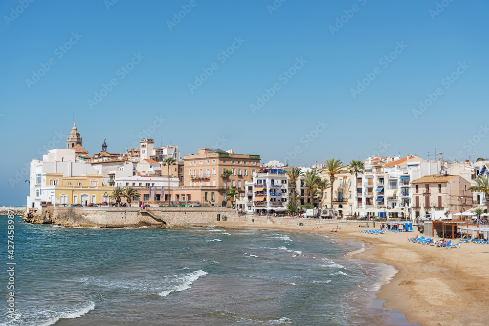 Sitges, a city in Spain at the Mediterranean Sea, a world-famous resort. Long sand beach. Travel photo