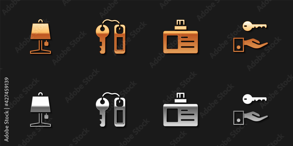 Set Table lamp, Hotel door lock key, Identification badge and icon. Vector Set Table lamp, Hotel door lock key, Identification badge and icon. Vector