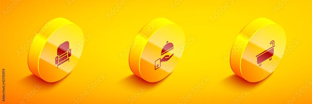 Set Isometric Armchair, Covered with tray and Bathtub icon. Vector Set Isometric Armchair, Covered with tray and Bathtub icon. Vector