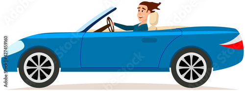 Two door cabriolet, passenger car with handsome driver. Happy young man is driving blue car