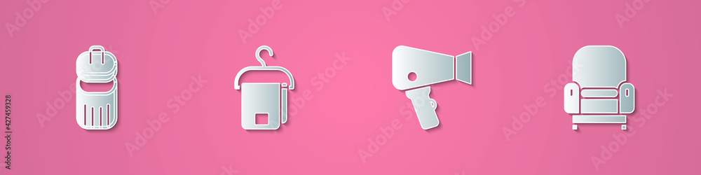 Set paper cut Trash can, Towel on hanger, Hair dryer and Armchair icon. Paper art style. Vector Set paper cut Trash can, Towel on hanger, Hair dryer and Armchair icon. Paper art style. Vector