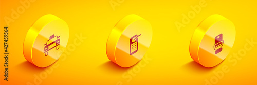 Set Isometric Taxi car, Digital door lock and Toilet bowl icon. Vector