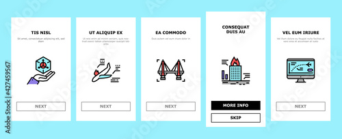 Modeling Engineering Onboarding Mobile App Page Screen Vector. Ship And Airplane, Bridge And Dam, Building And House Architectural Modeling Illustrations