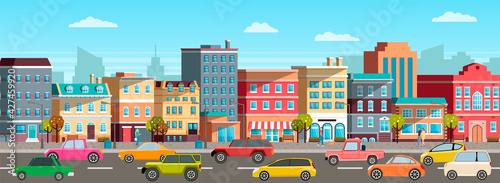 Modern car parking along town street in cartoon style. Vehicles car on city street
