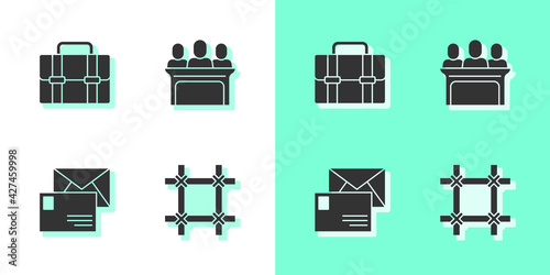 Set Prison window, Briefcase, Envelope and Jurors icon. Vector