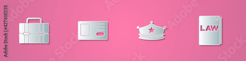 Set paper cut Briefcase, Identification badge, Police cap with cockade and Law book icon. Paper art style. Vector