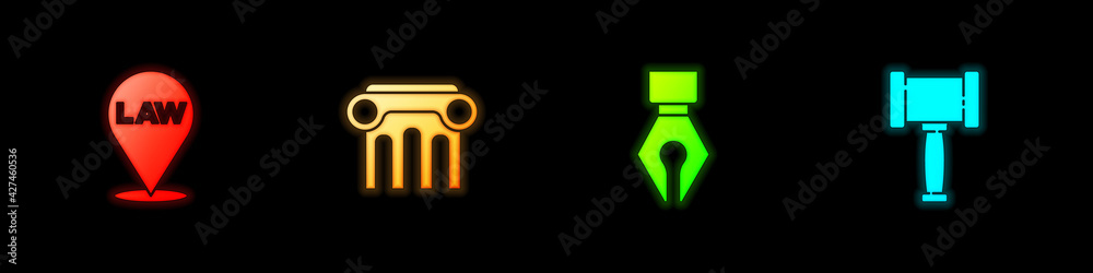Set Location law, Law pillar, Fountain pen nib and Judge gavel icon. Vector Set Location law, Law pillar, Fountain pen nib and Judge gavel icon. Vector