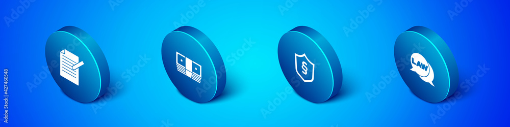 Set Isometric Document and pen, Justice law in shield, Law and Bribe money cash icon. Vector Set Isometric Document and pen, Justice law in shield, Law and Bribe money cash icon. Vector
